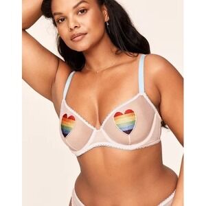 Adore Me Sheer Rainbow Heart Pride Balconette Bra Light‎ Pink Blue Straps Sz 34D